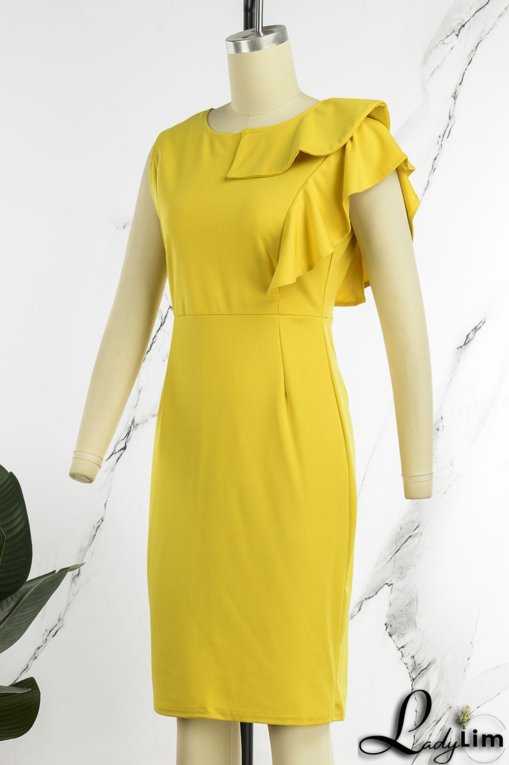 Yellow Casual Elegant Solid Flounce Zipper O Neck Wrapped Skirt Dresses