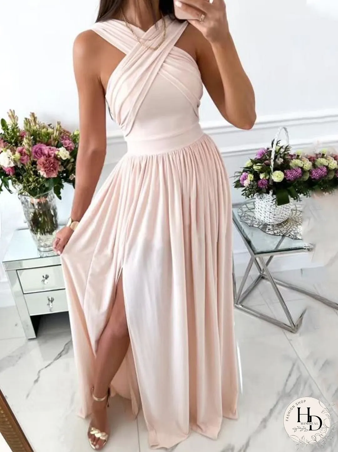 Dresses Halterneck Open Back Sleeveless Slit Dress for Women