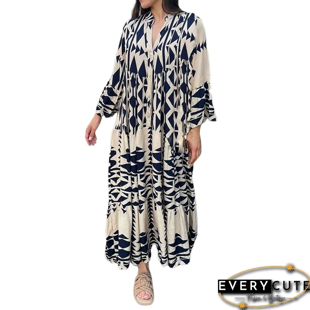 Navy Blue printed long sleeve Maxi Dress