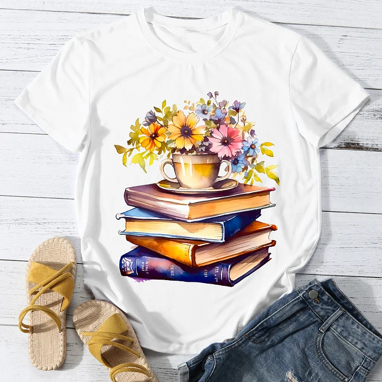 Books And Flowerpot Woman's Round Neck T-Shirt -BSTC1639