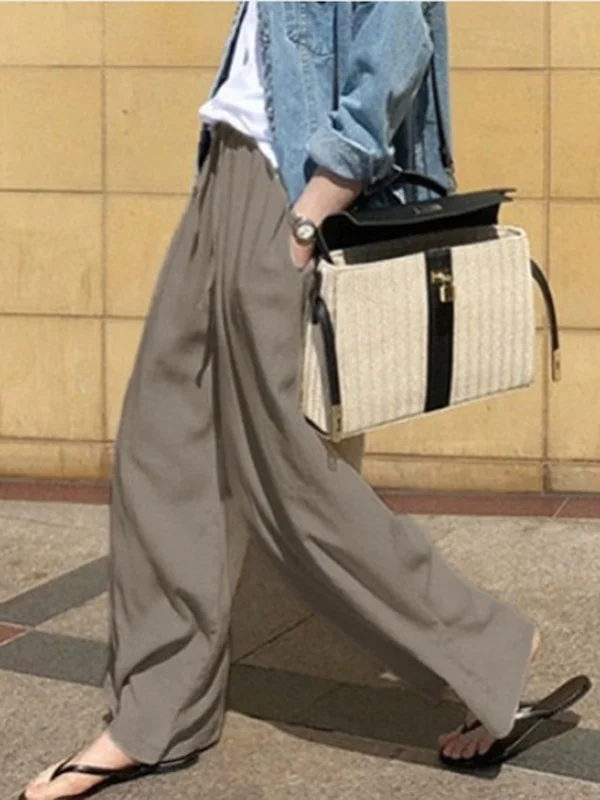 Solid Color Pockets Drawstring Wide Leg Plus Size Trousers Pants