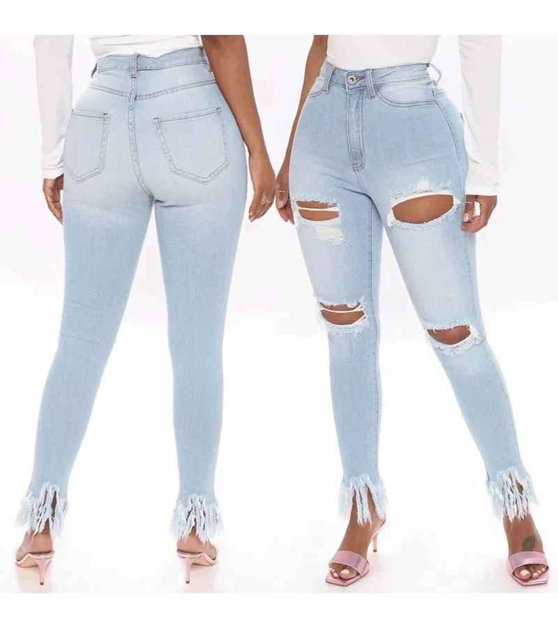 Women High Waisted Raw Hem Ripped Jeans S-3XL