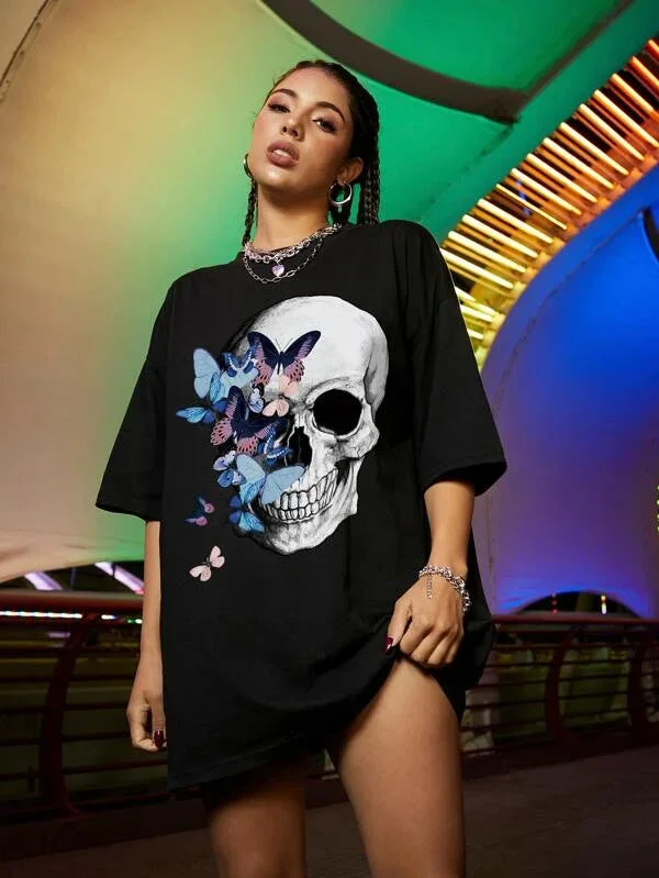 Skull Apparel Butterfly and Skull Print T-shirt Loose Harajuku Gothic Style All-Match T-shirt