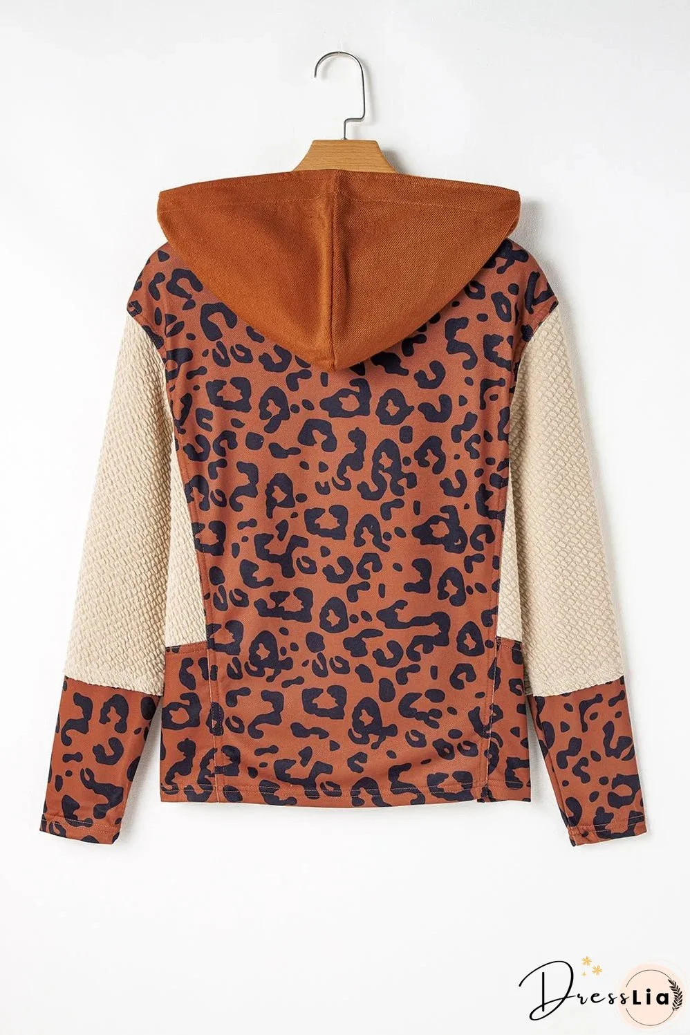 Brown Textured Knit Patchwork Leopard Hoodie