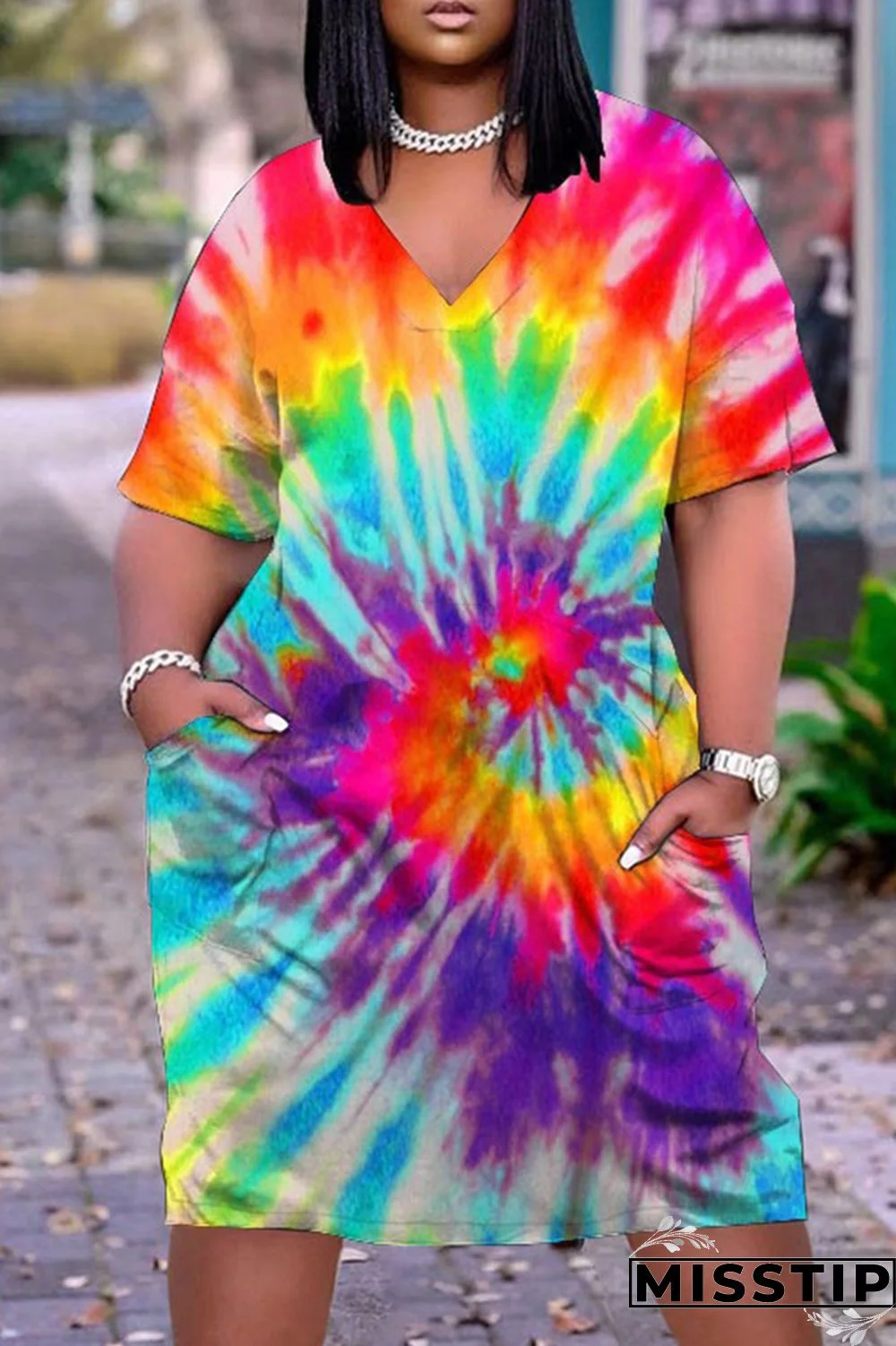 Blue Red Fashion Casual Print Tie-dye V Neck Short Sleeve Dress