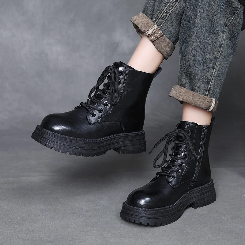 Yyvonne Leather Retro British Style Martin Boots 2025 Autumn And Winter New Fashion Casual Women's Boots Thick Bottom Increase Short Boots