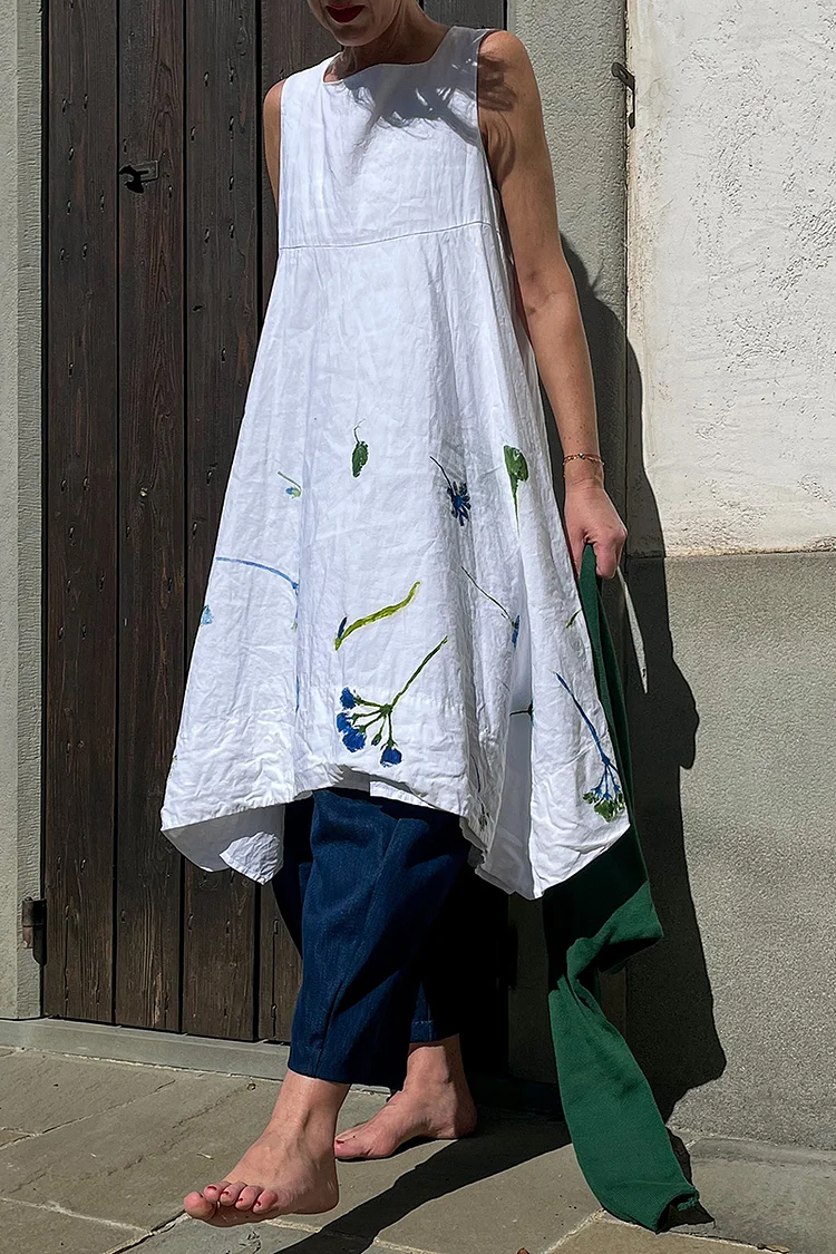 Irregular Hem Round Neck A-Line Floral Printed Linen Midi Dresses [Pre Order]