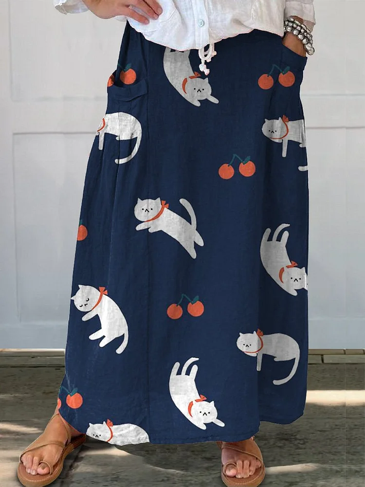Lovely Cartoon Cat And Cherry Pattern Printed Women's Linen Pocket Skirt