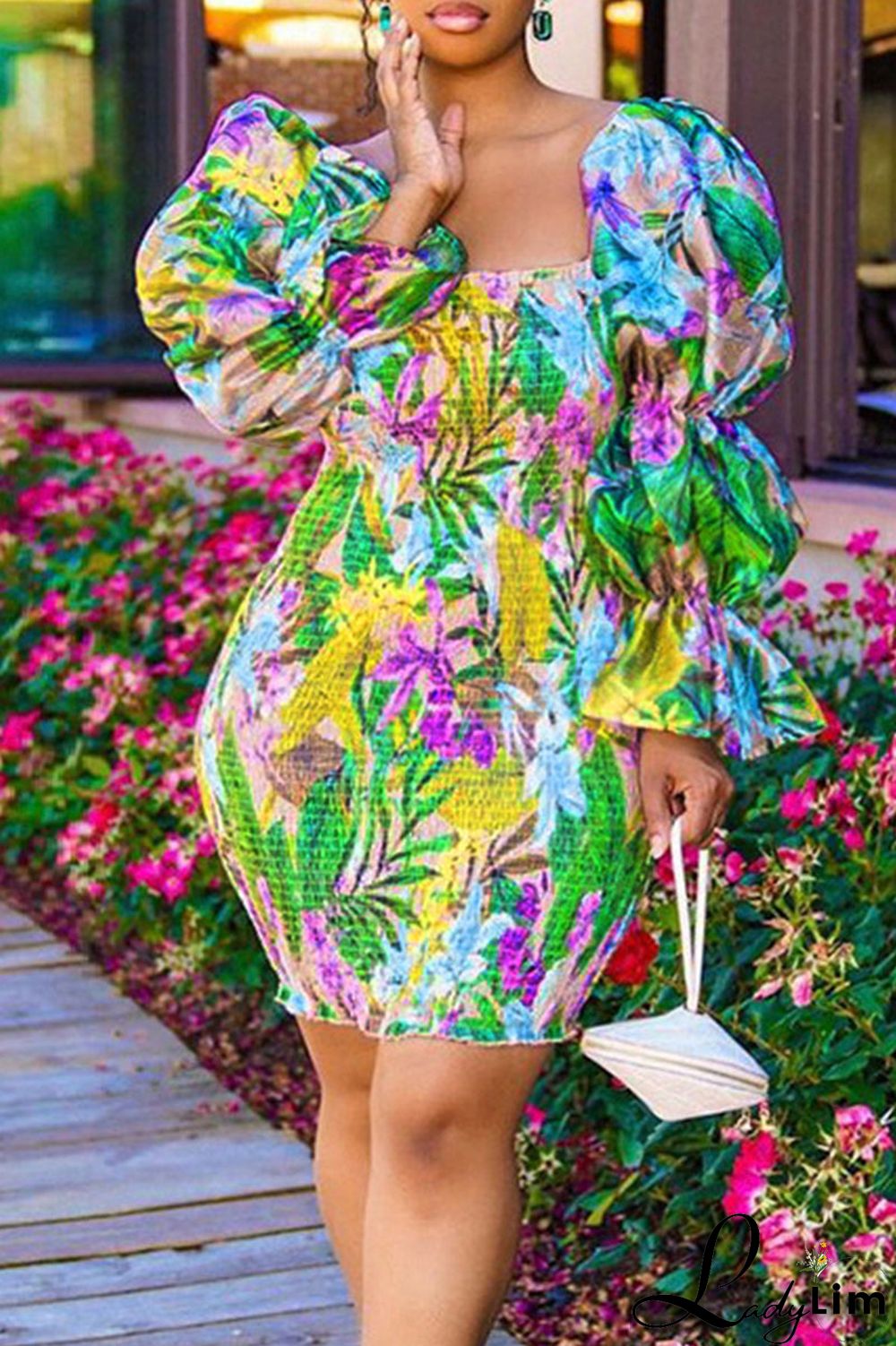 Grass Green Fashion Sweet Print Patchwork Square Collar Pencil Skirt Dresses