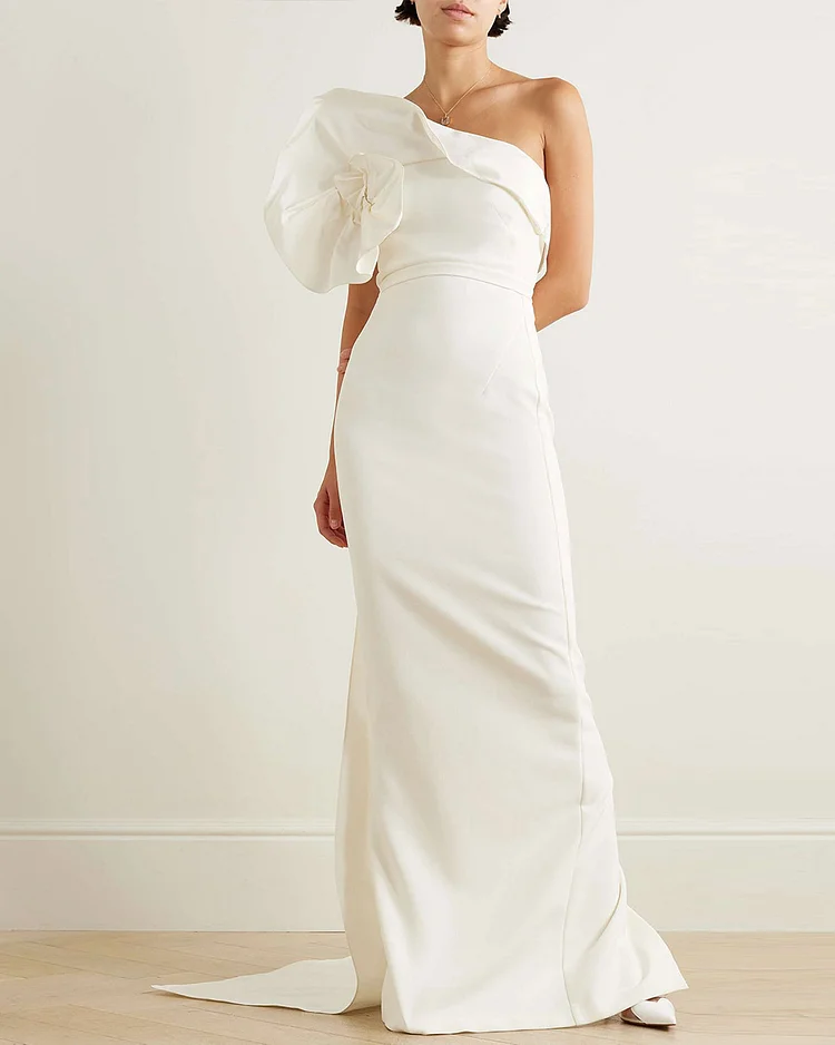 Strapless faille-trimmed stretch-crepe gown