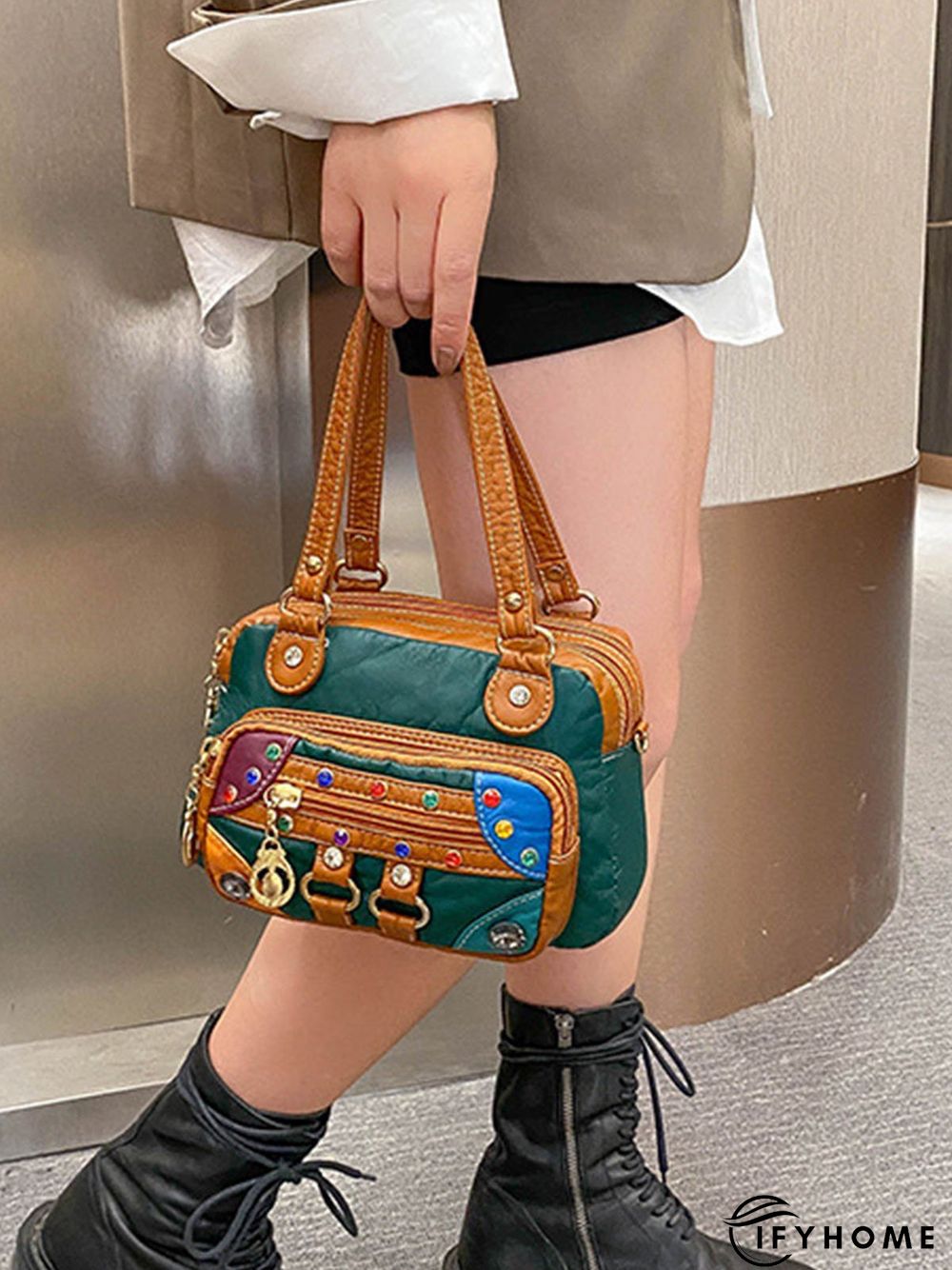 Retro Ethnic Style Mosaic Rhinestone Zipper Messenger Bag | IFYHOME