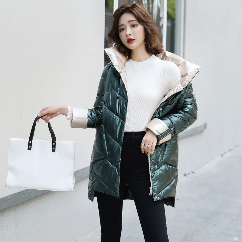FTLZZ New Winter Women Long Parka Stand Collar Bright Color Windproof Loose Cotton Coat Fashion Streetwear Thick Warm Outwear
