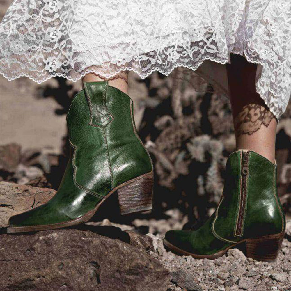 Green Chunky Heel Pointed Toe Cowgirl Short Boots for Women Nicepairs
