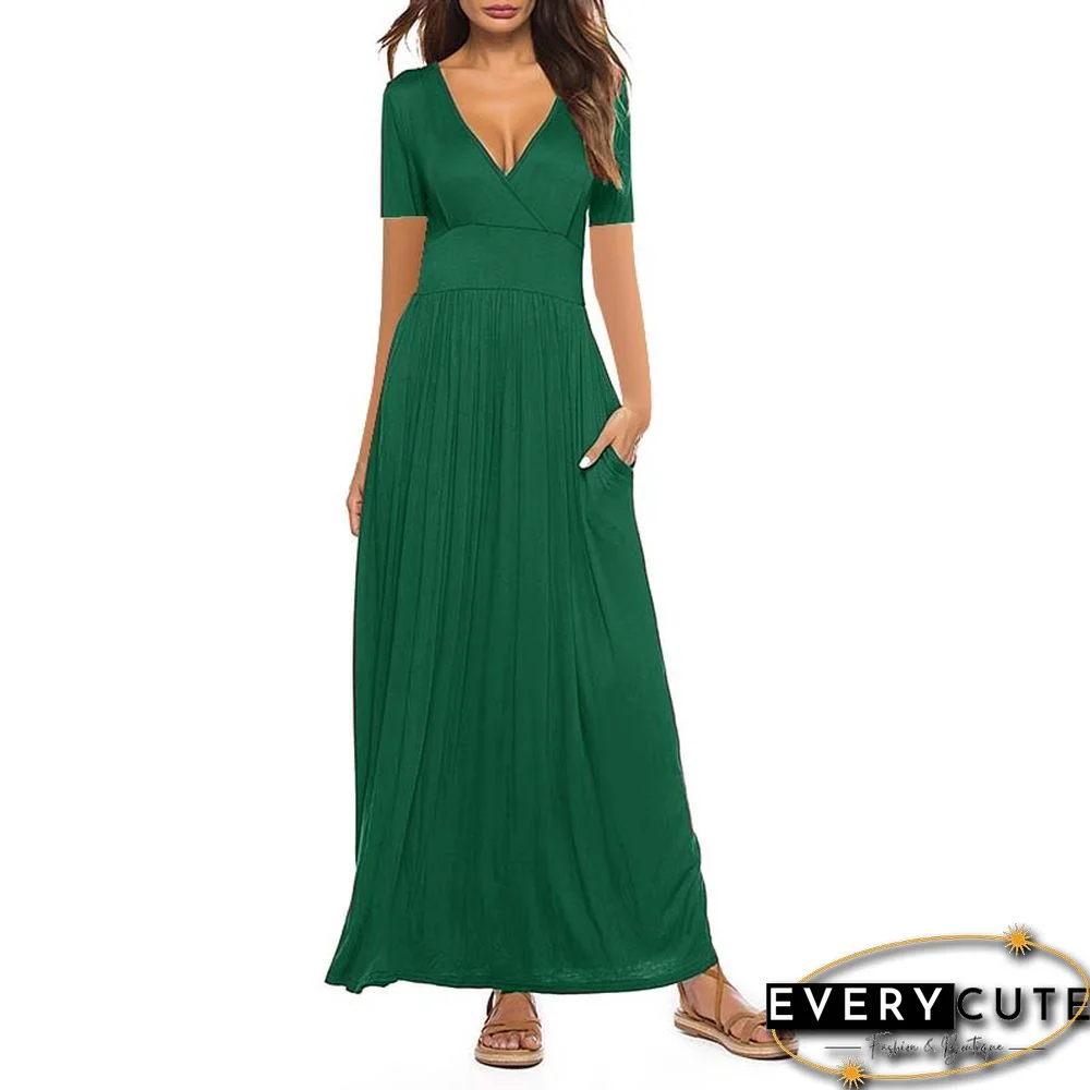 Green V Neck Short Sleeve Summer Maxi Dress