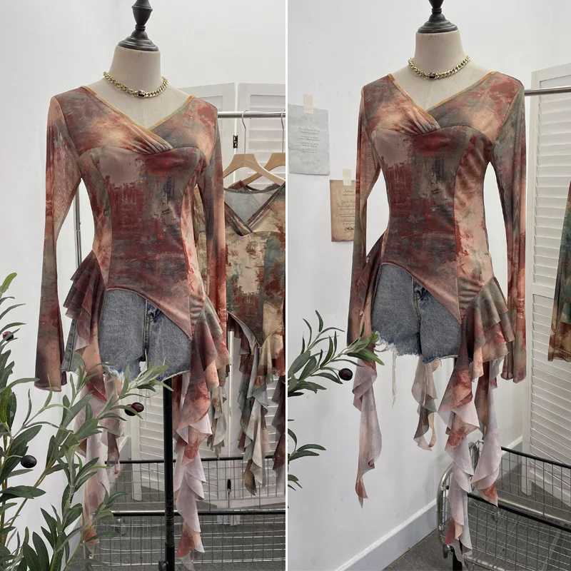 Nigikala Nigikala Shooting Ribbon Mesh Yarn Leaf Side Retro Print V Collar Horn Sleeve Top Spring And Summer Short Repair T-Shirt 8013