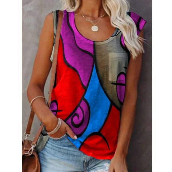 2021 New Women Sleeveless T-Shirt Summer O-Neck Stitching Printing Graphic Tee Shirts Female Fashion Plus Size Loose Tank Tops