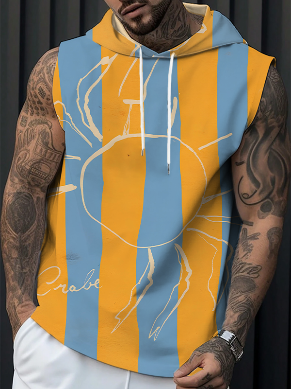 Men's Summer Sun Stripe Color Block Vacation Print Workout Hooded Tank Top