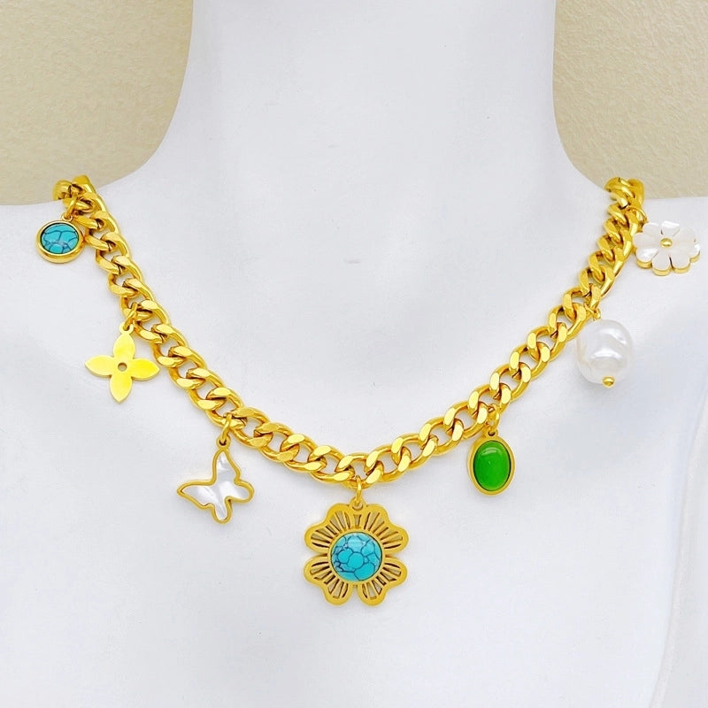 Bohemian Heart Shape Flower Titanium Steel Plating Pendant Necklace