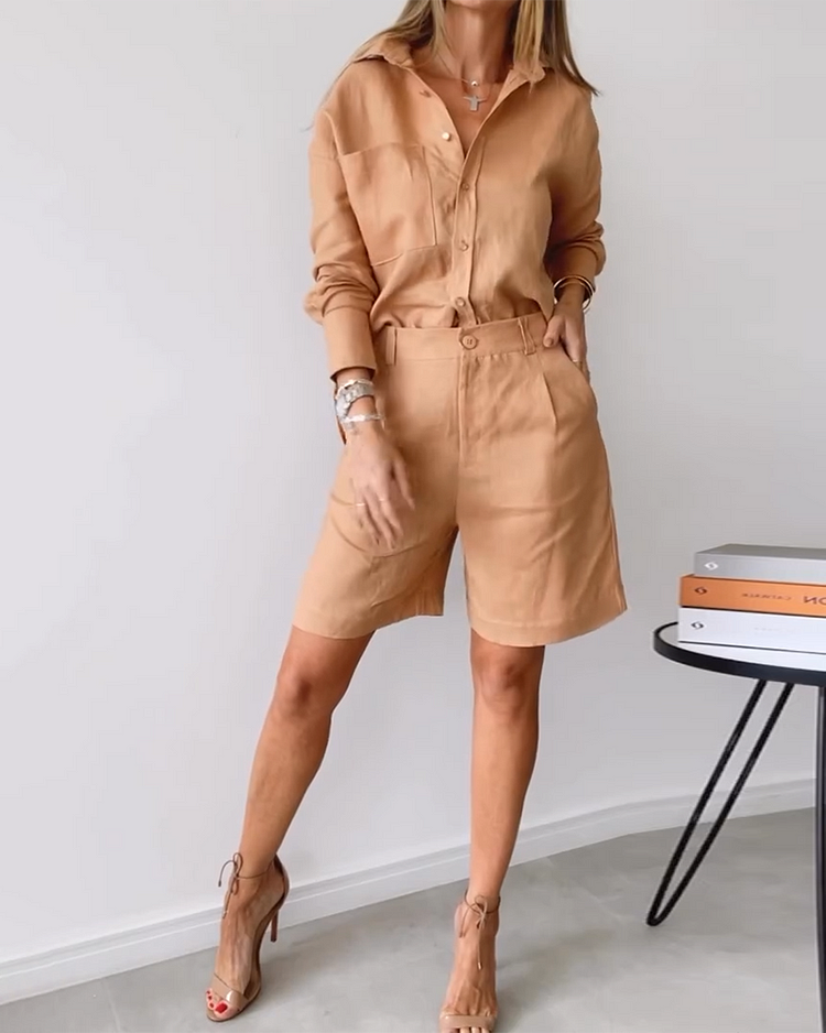 Long-sleeved Lapel Shirt and Shorts Two-piece Suit