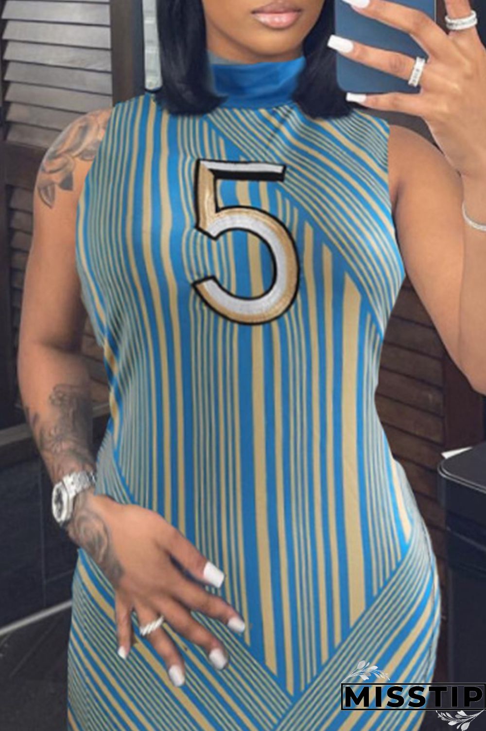 Black Fashion Casual Print Patchwork Turtleneck Sleeveless Dress