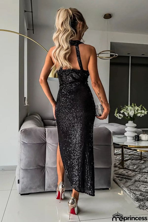 Born To Be A Star Sequin Mesh Cutout Waist Halter Asymmetrical Midi Dress