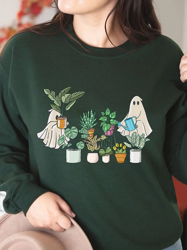 Halloween Ghost Plant Graphic Print Round Neck Sweatshirt