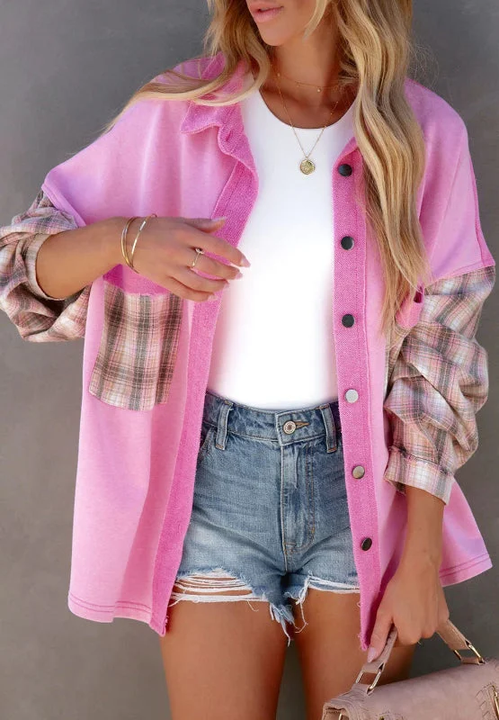 Women's Pink Plaid Button Up Shacket with Chest Pockets