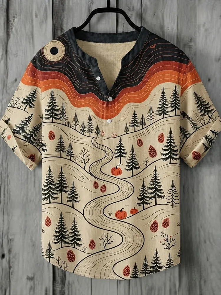 Men's Beige Pine Tree And Winding Road Landscape Short Sleeve Shirt