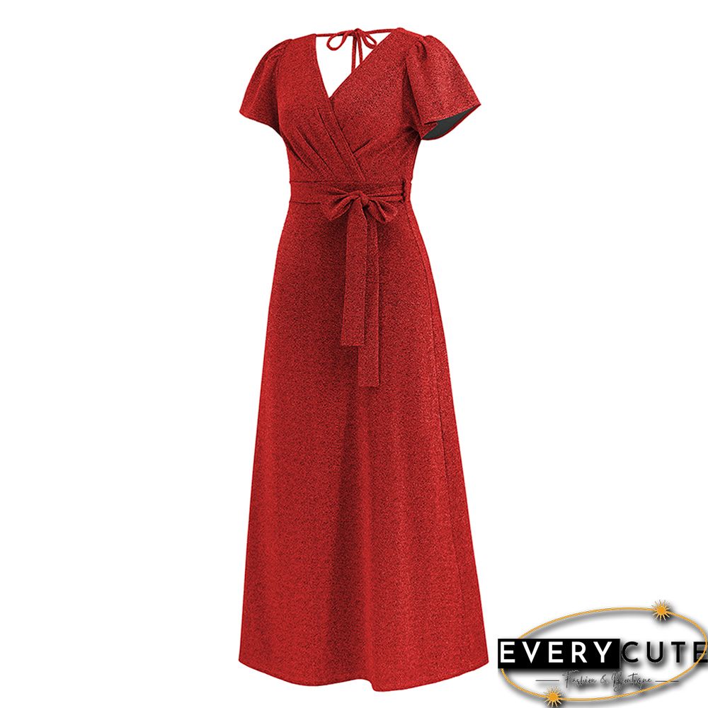 Red Cross Open Back V Neck Maxi Dress With Belt