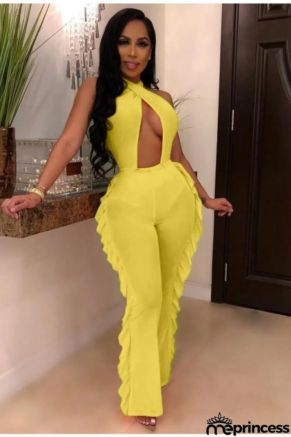 Yellow Sexy Fashion Hollow stringy selvedge Backless Solid Polyester Sleeveless Slip