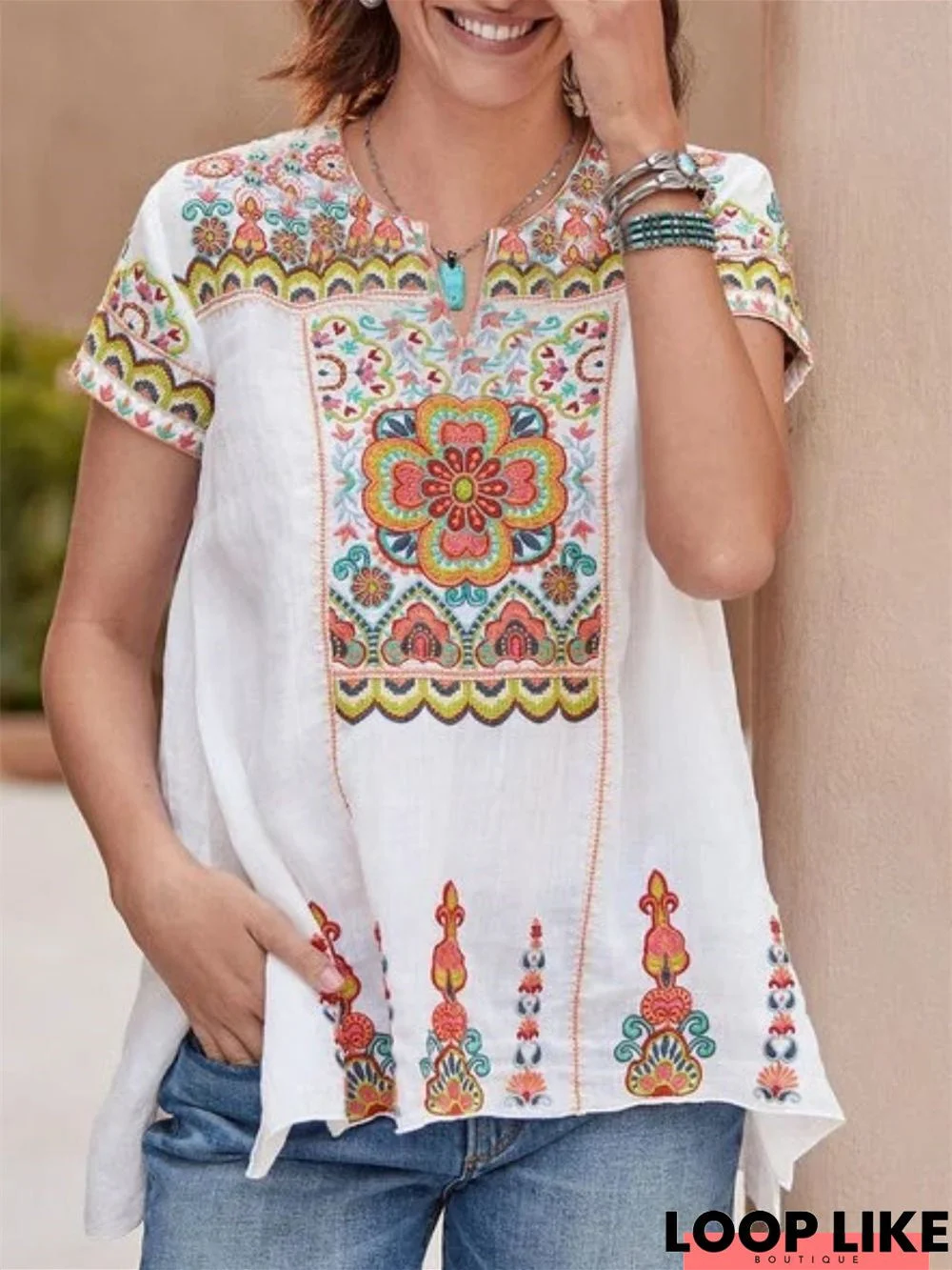Women Short Sleeve Scoop Neck Floral Printed Graphic Tops
