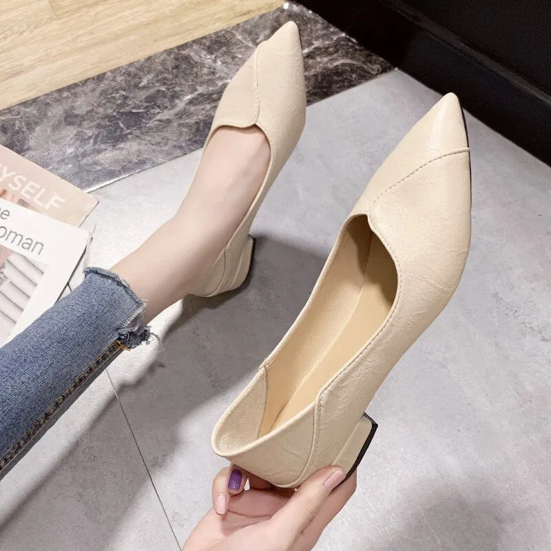 Women's Pumps Low Heels Comfort Female Slip On Shoes Office Pu Leather Waterproof Woman Pointed Toe Shoe Ladies Footwear New