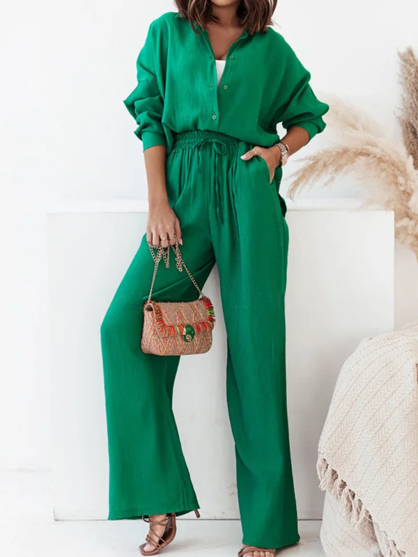 Long Sleeves Buttoned Pockets Solid Color Lapel Shirts Top + Elasticity High Waisted Pants Bottom Two Pieces Set
