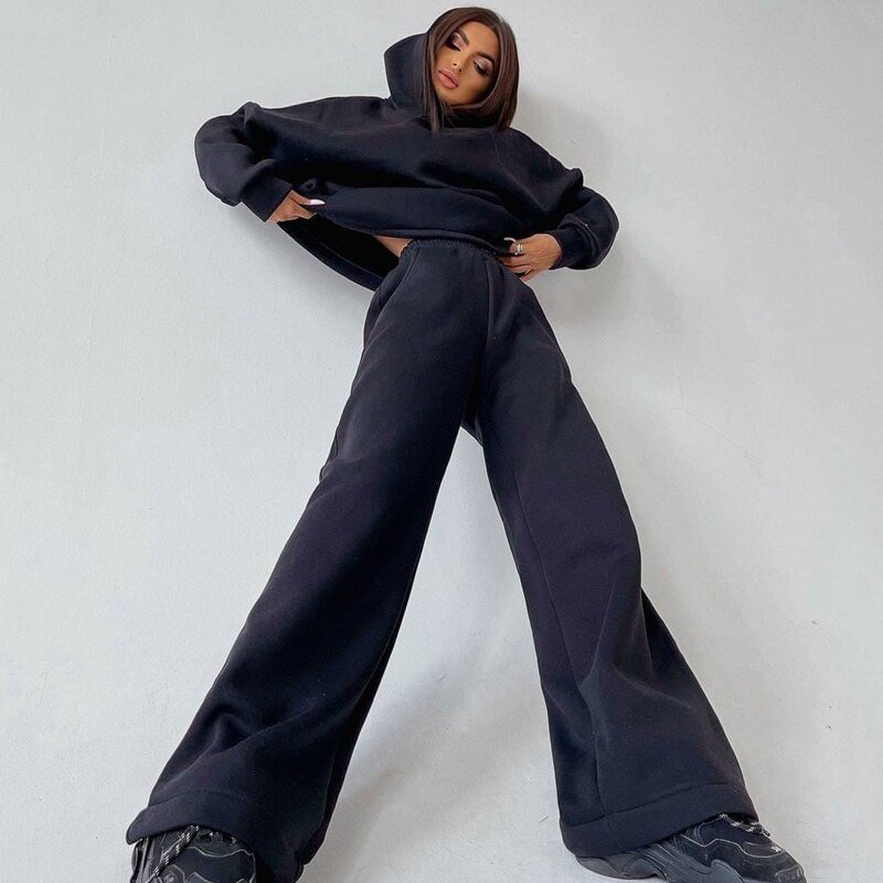QJONG Women Basic Hooded Tracksuit Two Piece Sets Female Fashion Pullover Sweatshirt Top And High Waist Wide Leg Pant Suits Streetwear