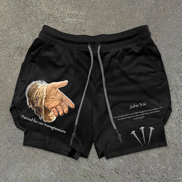"Pierced" Cropped Print Graphic Double Layer Men's Gym Shorts