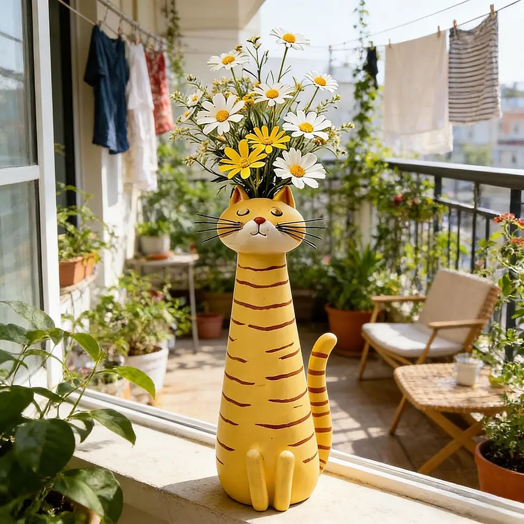 Handcrafted Quirky Cat Vase Modern Whimsical Resin Cat Flower Vase Creative Ornament for Living Room Office Study Home Decoration