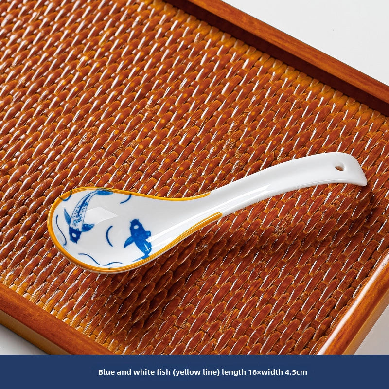 Japanese Style Small Soup Spoon Creative Blue And White Ceramic Spoon Household Thickened Curved Handle Anti-scalding Food Soup Spoon