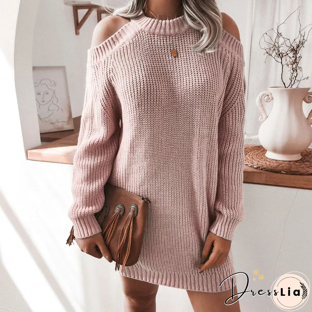 Autumn Winter Strapless Long-sleeved Casual Loose Sweater Dress Women A-Line Mini Sweater Sexy Dress Female Full High Street