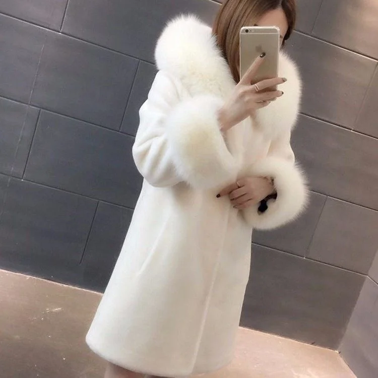 Fashion Winter New Hooded Sheep Sheared Fur Coat Wool Coat Women's Medium And Long Imitation Fox Hair Thickened Korean Slim Fit