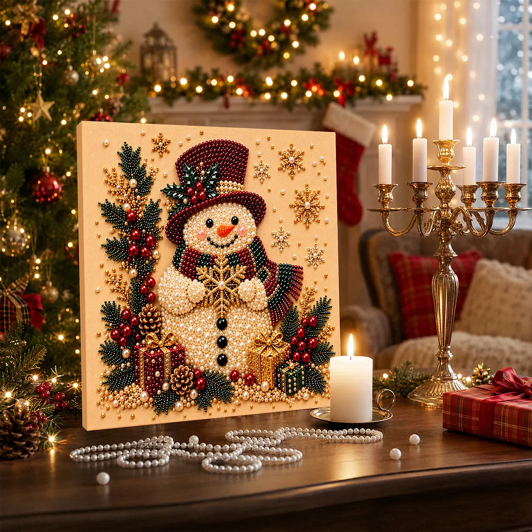 Framed Pearl Painting Kit Snowman Red Hat 7.87x7.87in