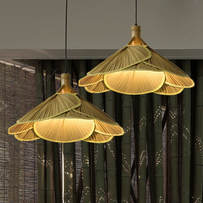 Handmade Bamboo Leaves Fan Pendant Lights Lampshade For Dining Room