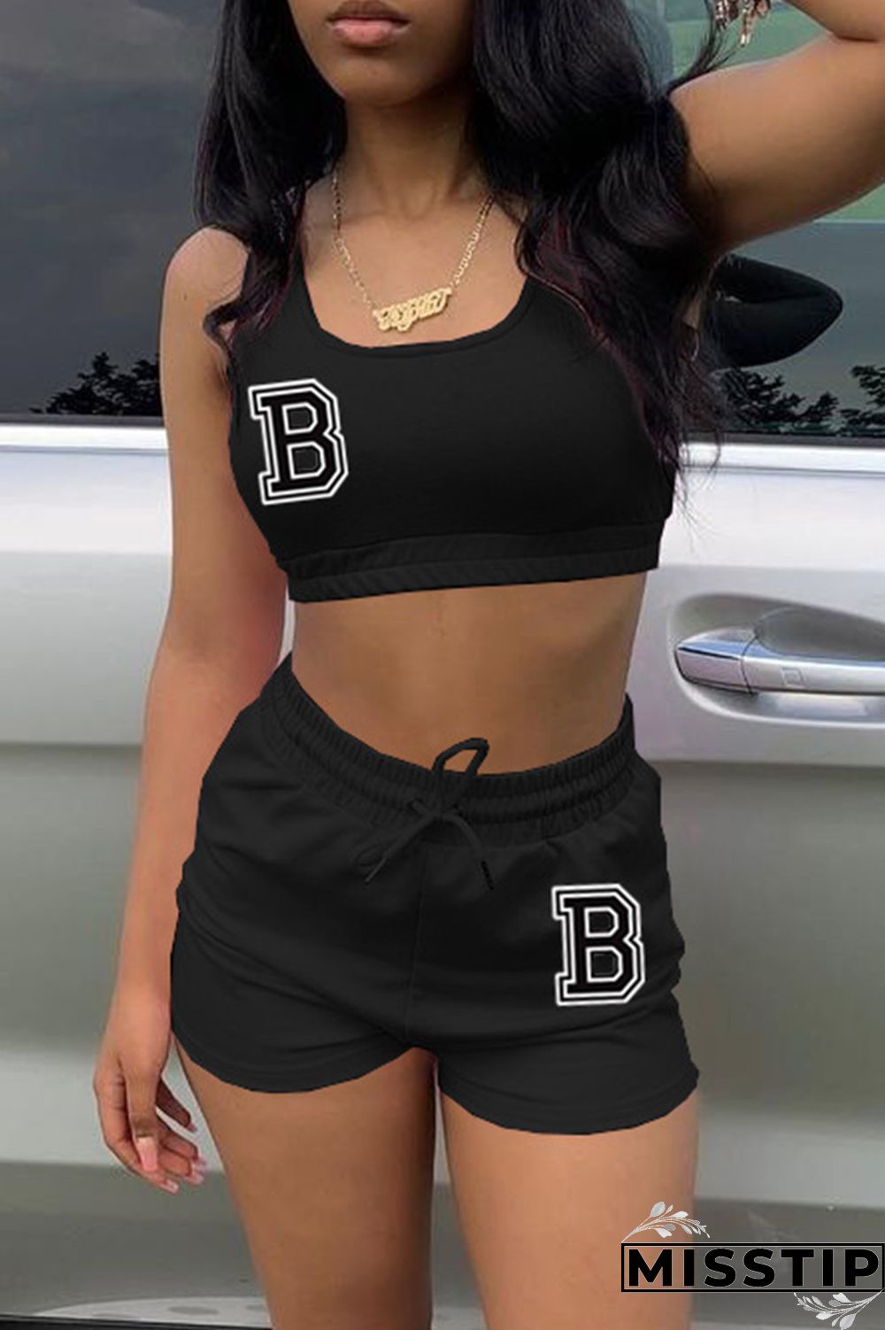 Pink Fashion Casual Letter Print Basic U Neck Sleeveless Two Pieces