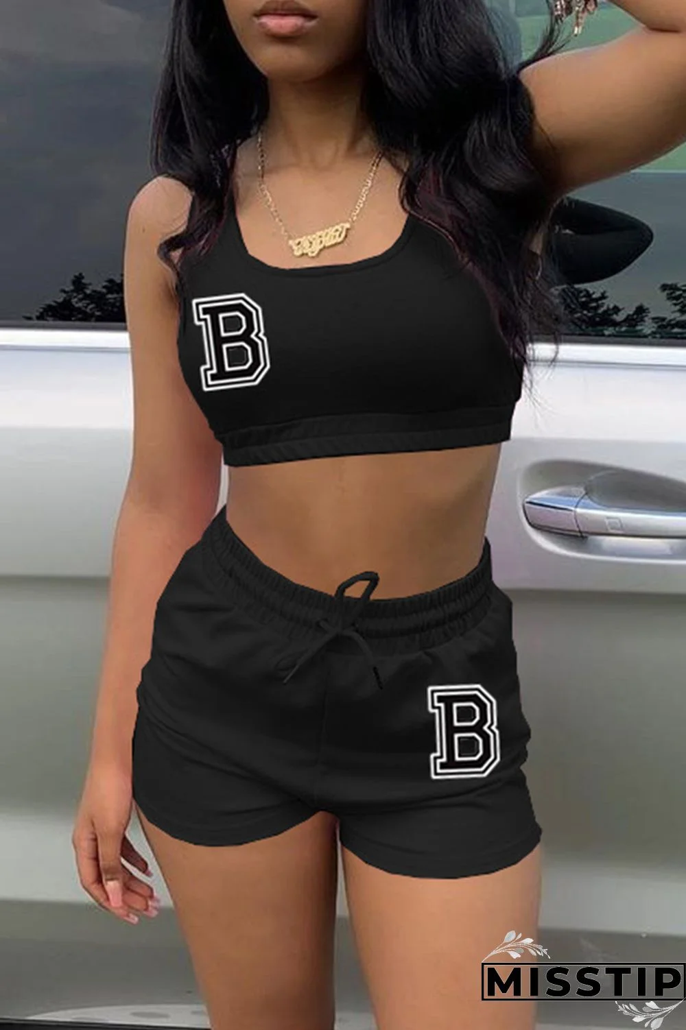 Pink Fashion Casual Letter Print Basic U Neck Sleeveless Two Pieces