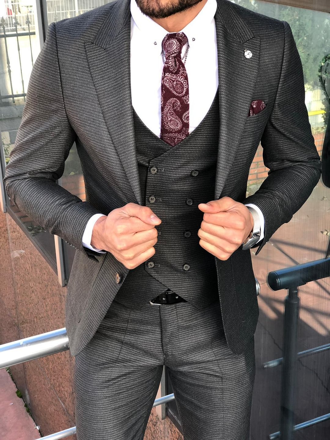Slim-Fit Patterned  Suit Vest Anthracite