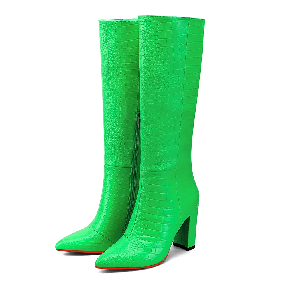 95mm/3.75 inch Women's Knee High Boots Thick Faux Alligator Boots Thick Heel Pointed Toe Red Bottom Boots
