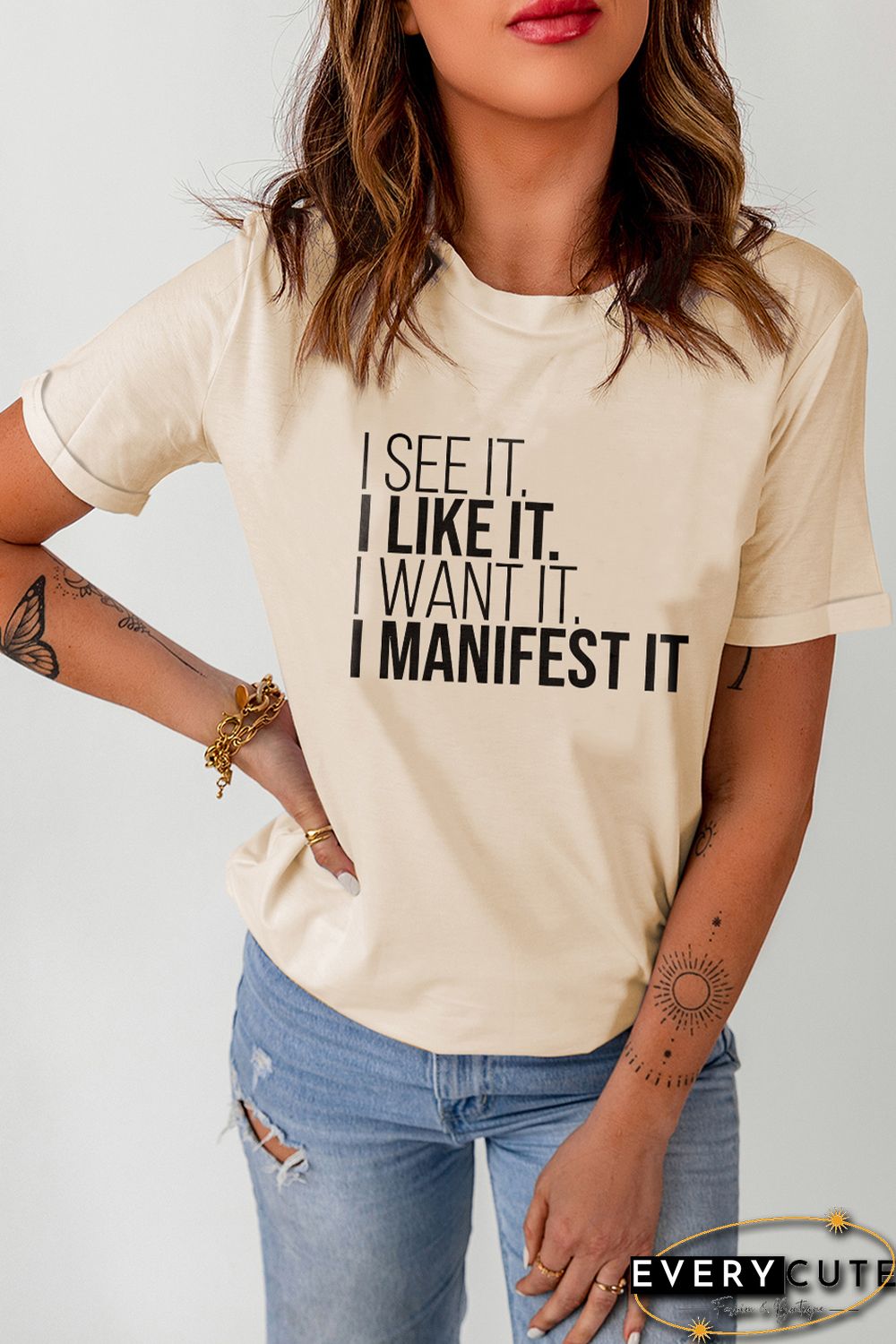 Khaki I Like It I Manifest It Letter Graphic T Shirt