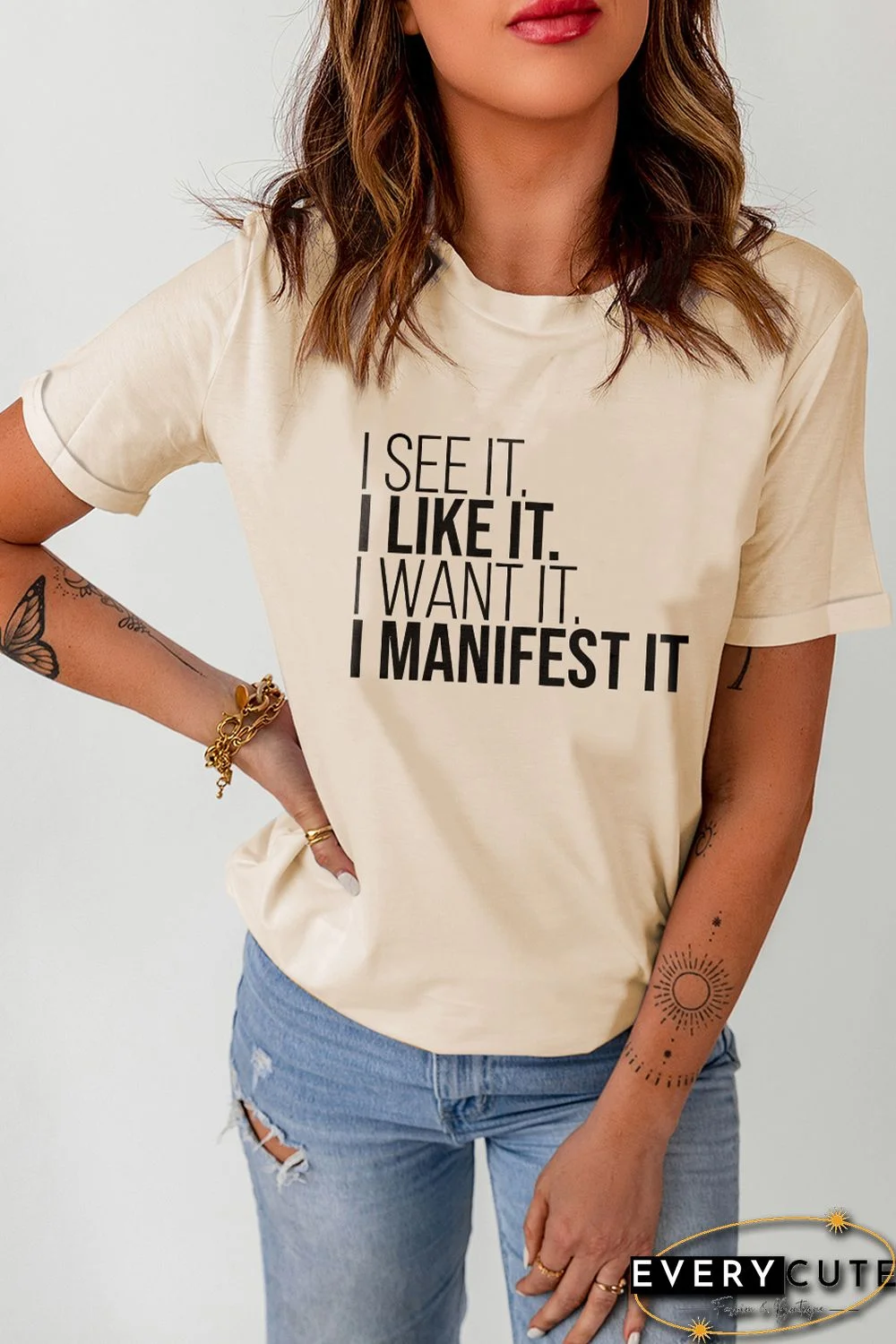 Khaki I Like It I Manifest It Letter Graphic T Shirt