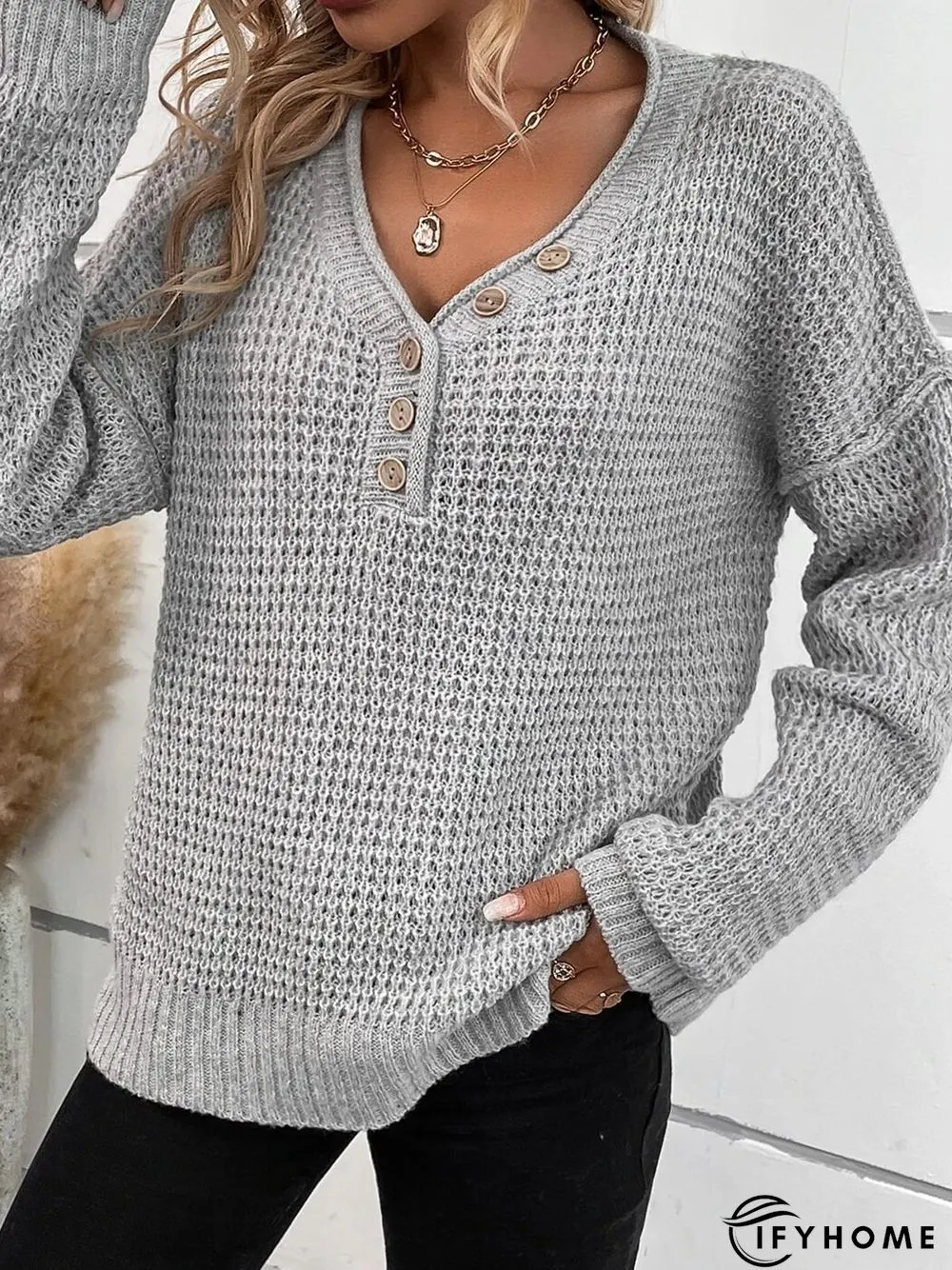 Plain V Neck Knitted Casual Sweater | IFYHOME