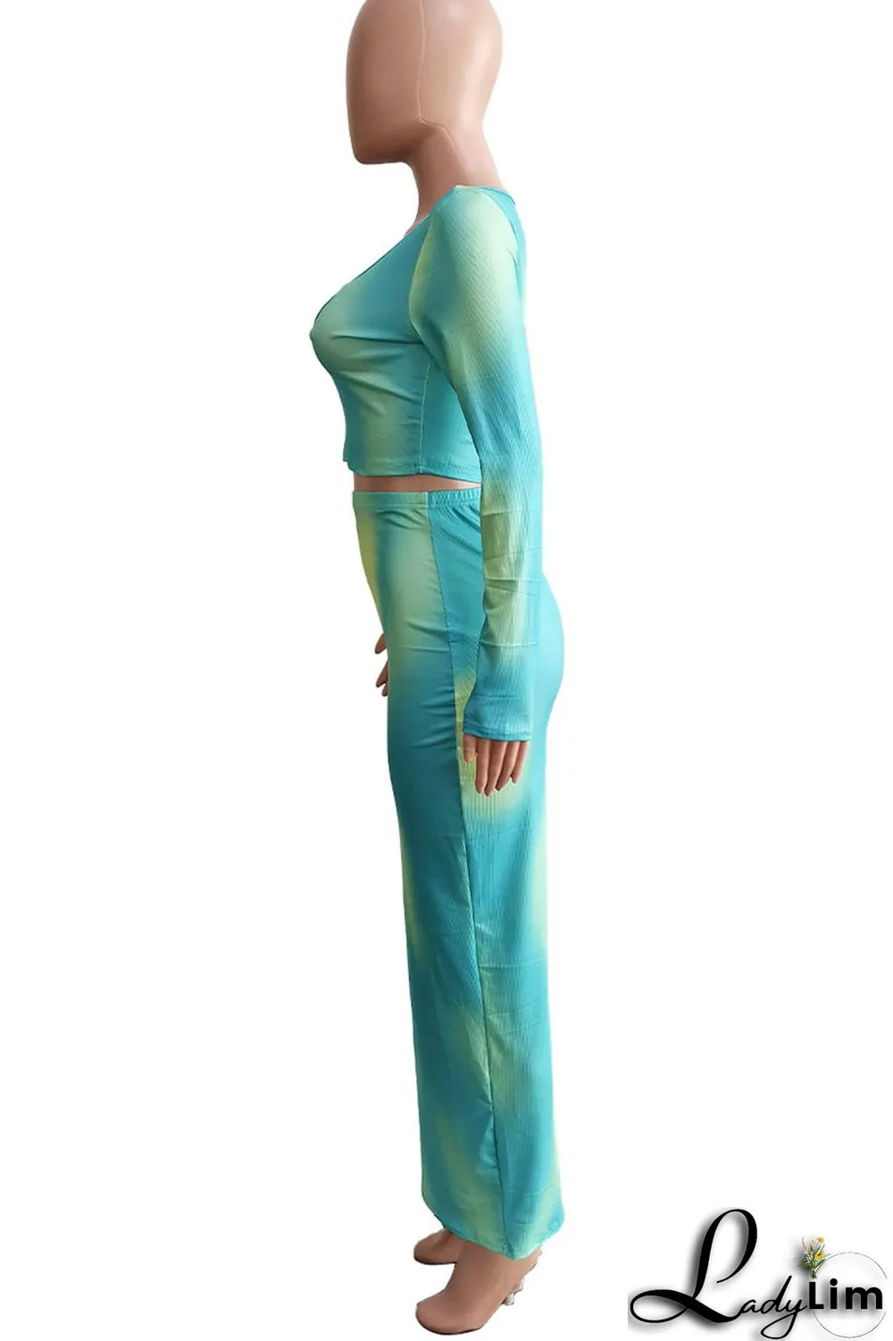 Lake Green Sexy Print Patchwork O Neck Long Sleeve Two Pieces