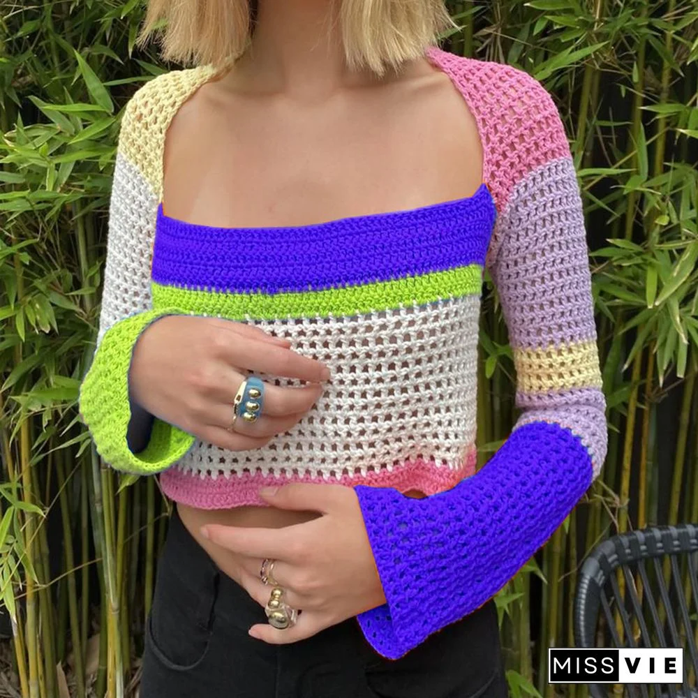 Women Striped Print Y2K Knitted Sweaters Autumn Loose Pullovers Streetwear Vintage Harajuku Cute Knitwear Retro Shirt